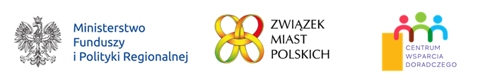 Logotypy Partnerstwa: Ministerstwo Funduszy i Polityki Regionalnej, Związek Miast Polskich, Centrum Wsparcia Doradczego